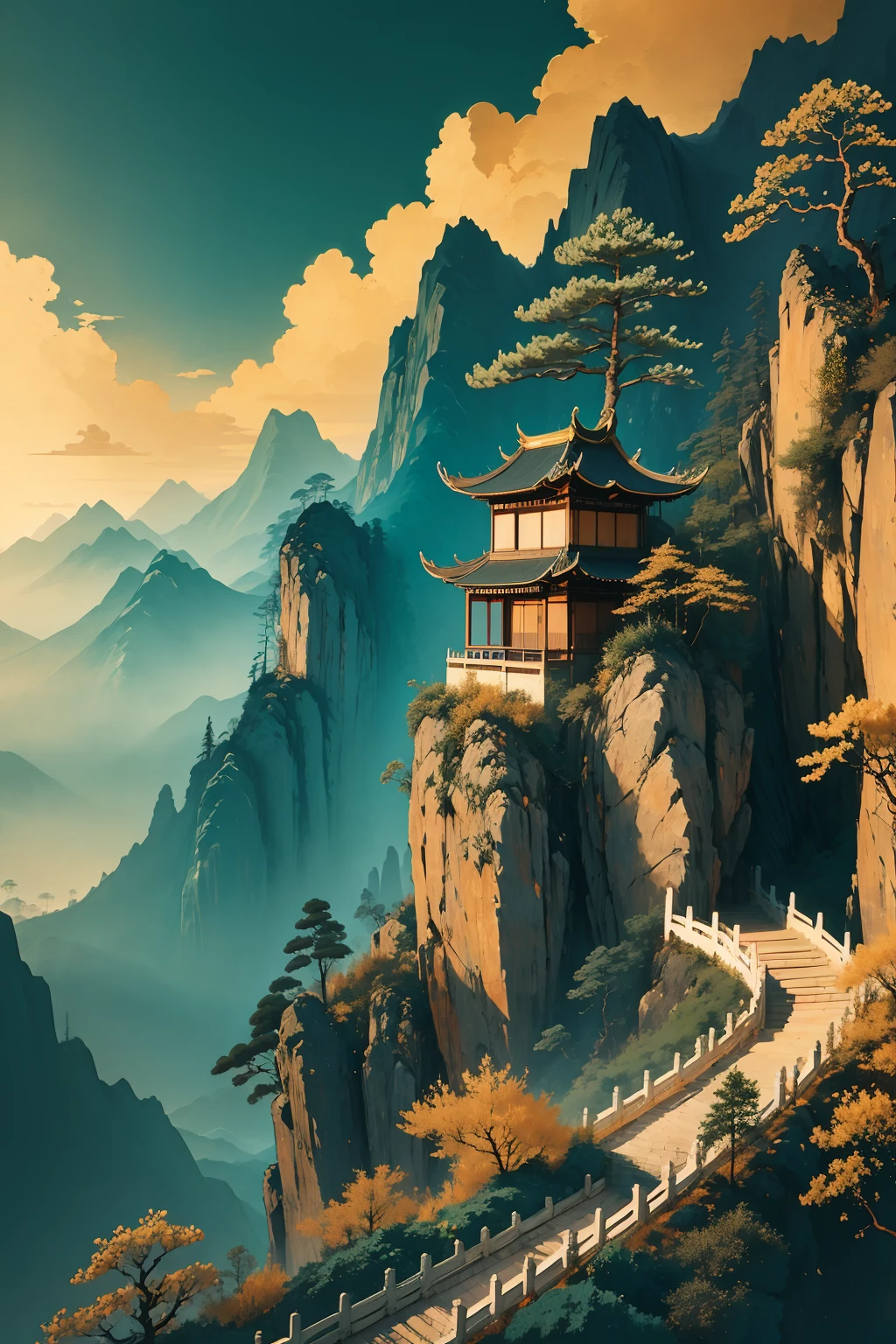 liujin,national style architecture,staggered peaks in front and behind,pavilions perched on the hillside,pine trees,panoramic views,scenery,no humans,tree,mountain,outdoors,gold stroke,clear sky,glow,<lora:ééå½é£:0.8>,