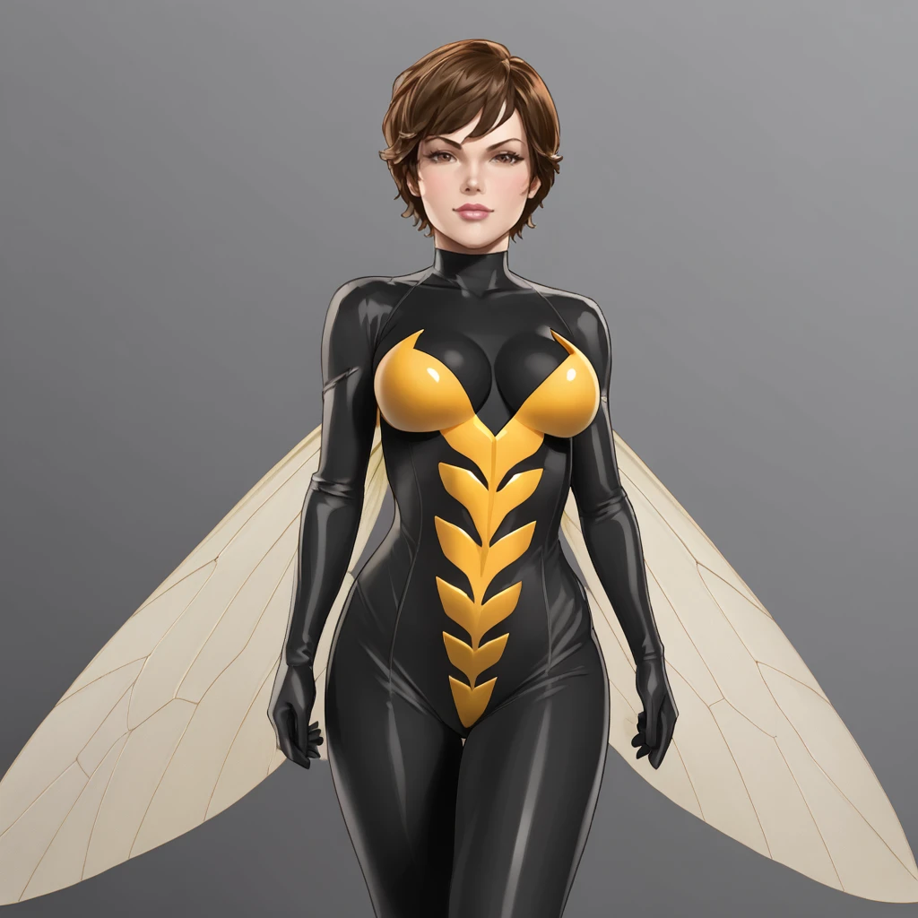 <lora:wasp_pony_v1:1> waspjanet, 1girl, short hair, insect wings, bodysuit, medium breasts, brown hair, , brown eyes, lips, giant breasts, cowboy shot, upper body