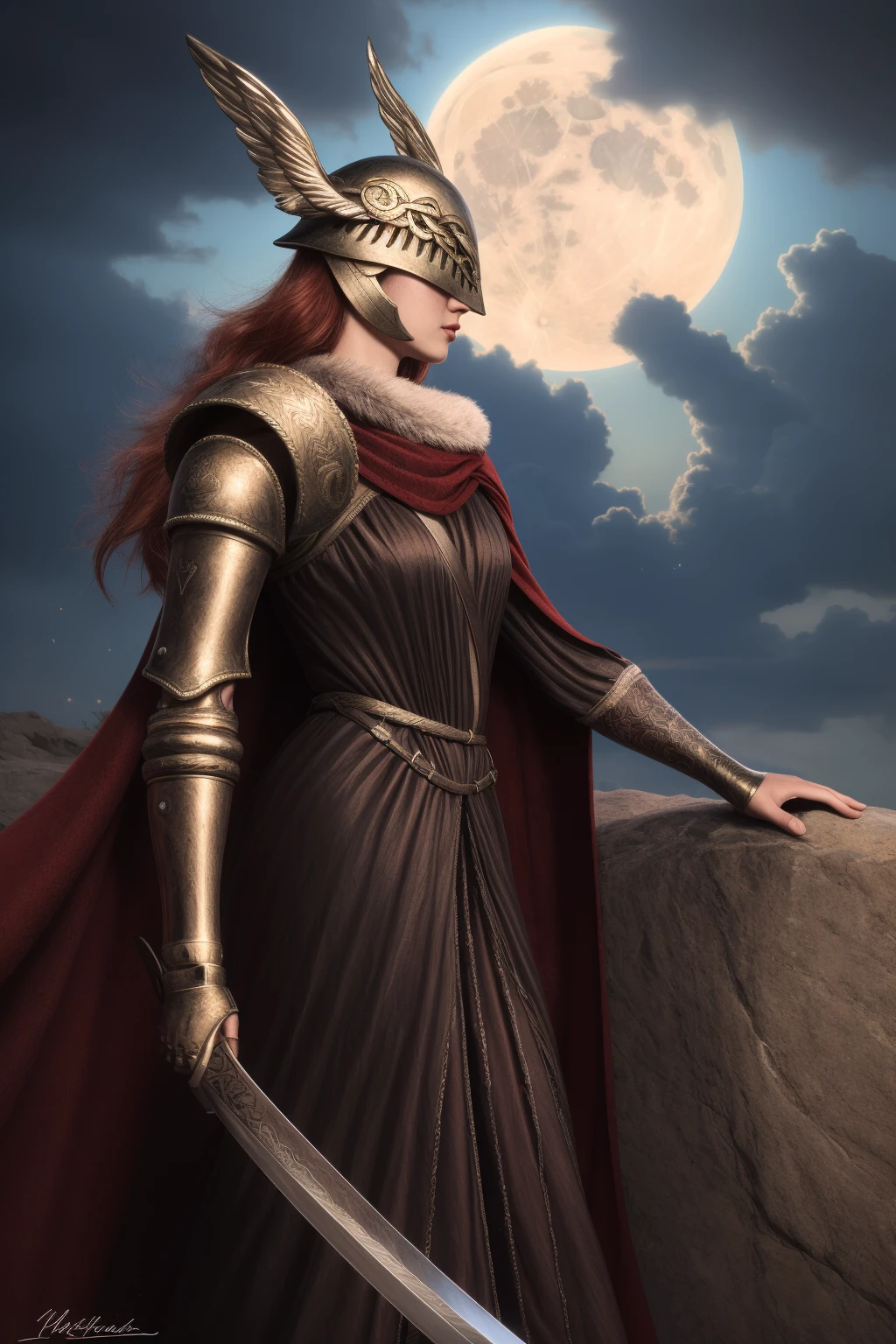 Best_QualityPos, RAW photo, intricate details, best quality, 8k uhd, soft lighting, 1girl, solo, malenia_phase_1, armor, helmet, winged helmet, long hair, cape, gauntlets, red hair, red cape, feathers, sword, holding, holding sword, full moon, cloudy sky <lora:mouth_slider_v1:-3> <lora:Malenia_Phase_1:0.6>