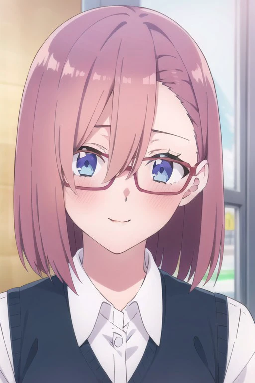 (masterpiece),lilysa amano, 1girl, solo, blush, glasses, blue eyes, school uniform, short hair, looking at viewer, hair between eyes, semi-rimless eyewear, pink hair