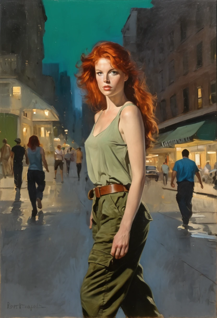 a painting, a beautiful redhead woman, open green eyes, wearing a tank top and baggy cargo pants, facing viewer,waling on the street, at dusk, in a city, by Robert Maguire