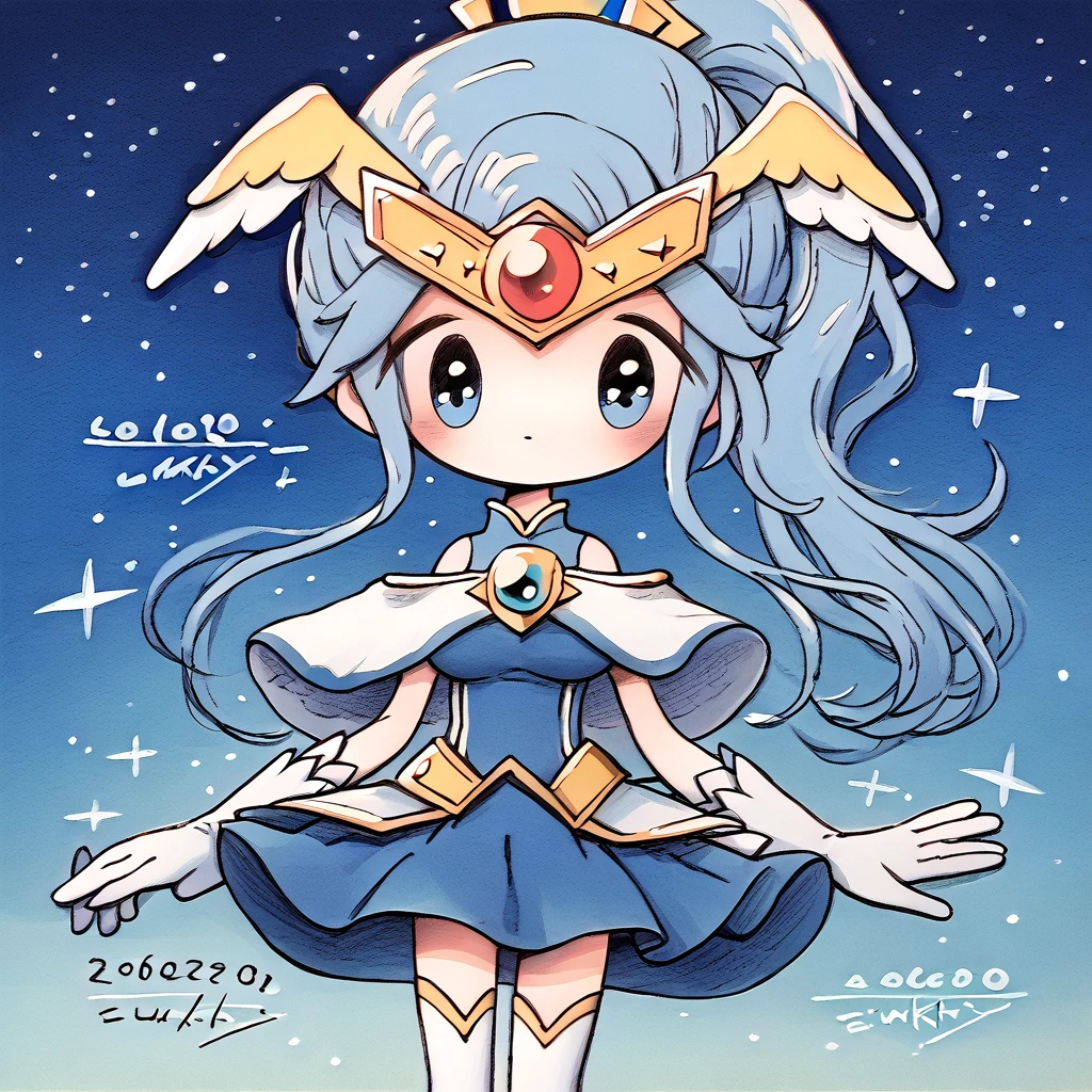 <lora:zukky000-10:1.5>  <lora:blorgkb:1> lorbeco, long hair, light blue hair, ponytail, star_(symbol), headpiece, forehead star gem, ahoge, head wings, blue eyes, android, magical girl, gloves, thighhighs, detached sleeves, skirt, white footwear, shoulderless shirt, blue shirt, blue skirt, white thighhighs, gold trim, white capelet, blue trim, large breasts