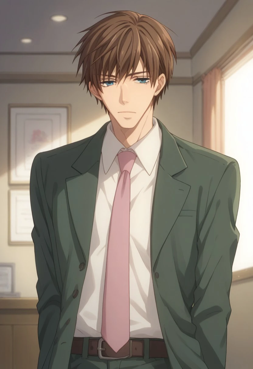 score_9, score_8_up, score_7_up, source_anime, highly detailed, 
hatori, 1boy, male focus, solo, necktie, brown hair, blue eyes. formal, suit, indoors, collared shirt, shirt, green jacket, pink necktie, white shirt,