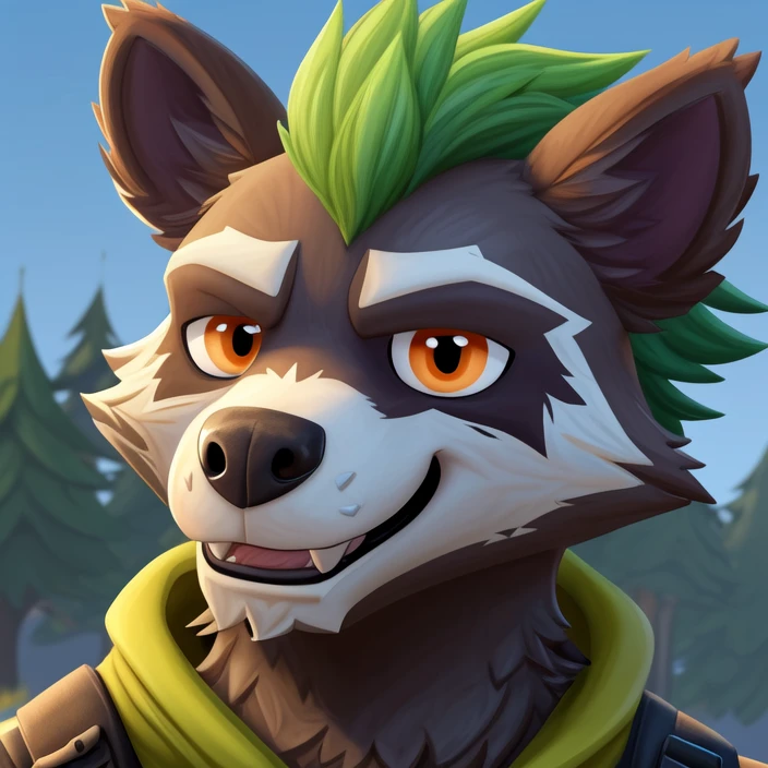 <lora:Rufus_FN-000006:1> Solo, Male, Orange eyes,green punk hair,dark brown fur, grey face fur, young teenager,  Anthro, Furry, Rufus from Fortnite, Racoon, fortnite, closeup face, Portrait, Smile, detailed face, small snote