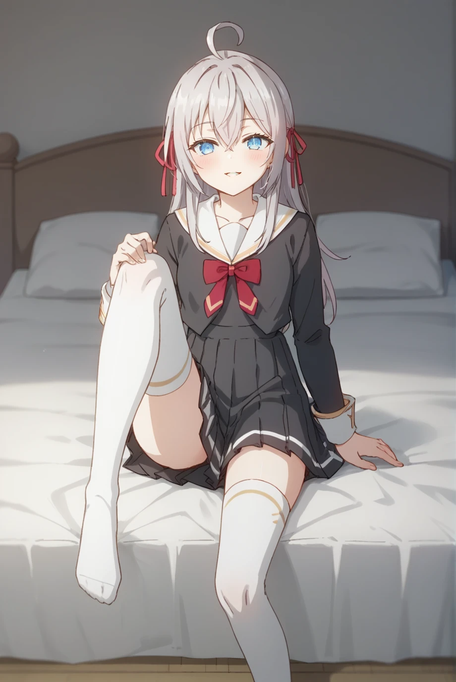 score_9, score_8_up, score_7_up, score_6_up, score_5_up, score_4_up, BREAK source_anime, 1girl, solo,
<lora:MikhailovnaXL-v1-07:0.7>, ChopioAlisa, grey hair, long hair, ahoge, hair between eyes, crossed bangs, hair ribbon, blue eyes, looking at viewer,
outfit_1, white sailor collar, black dress, bowtie, long sleeves, sleeve cuffs, pleated skirt, white thighhighs, zettai ryouiki,
bedroom, bed, sitting, knee up, smile, parted lips, blush,