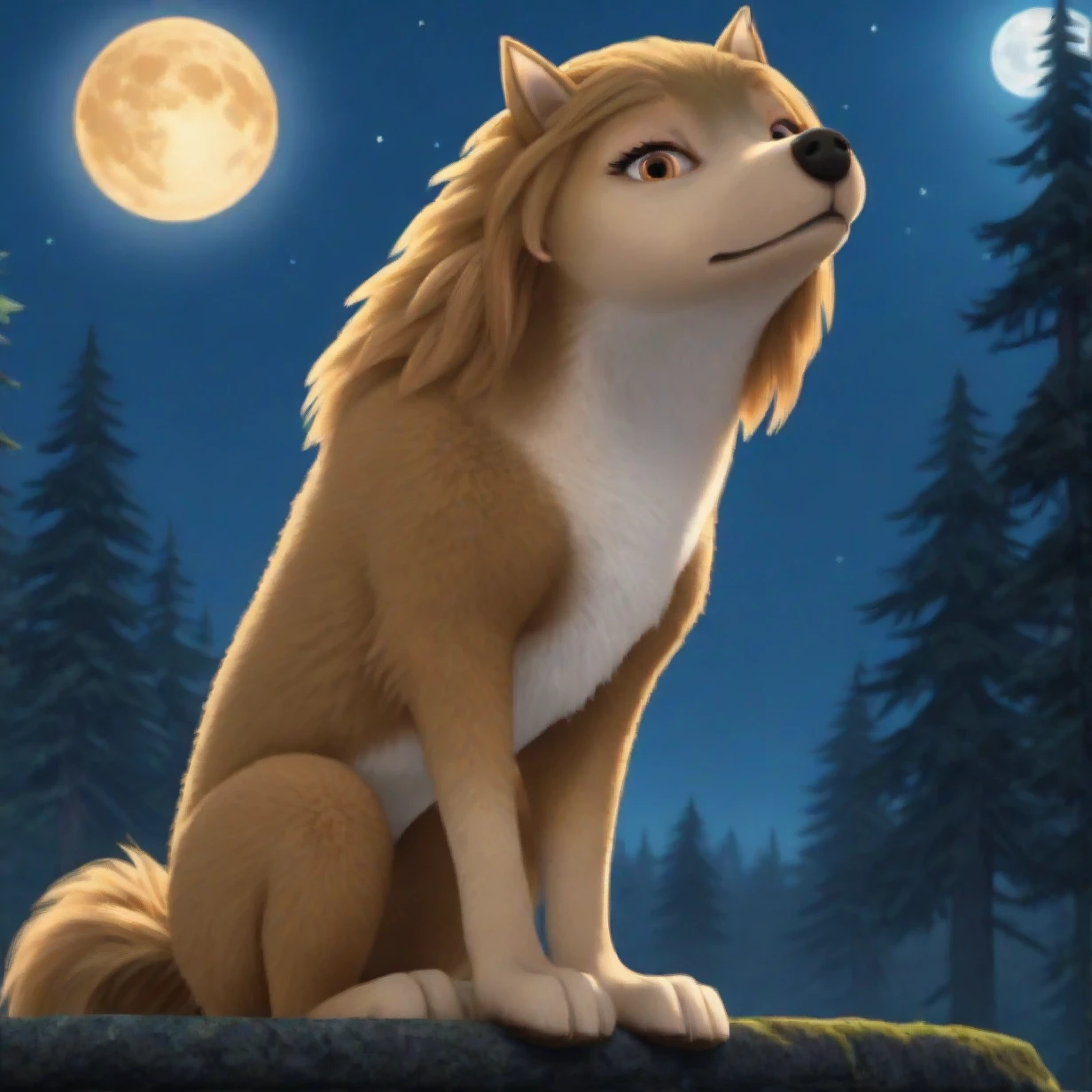 kate, wolf, feral, looking at viewer:1.3, sitting, outside, orange eyes, full body, side view, looking up, night, moon, low angle, sparkling, forest