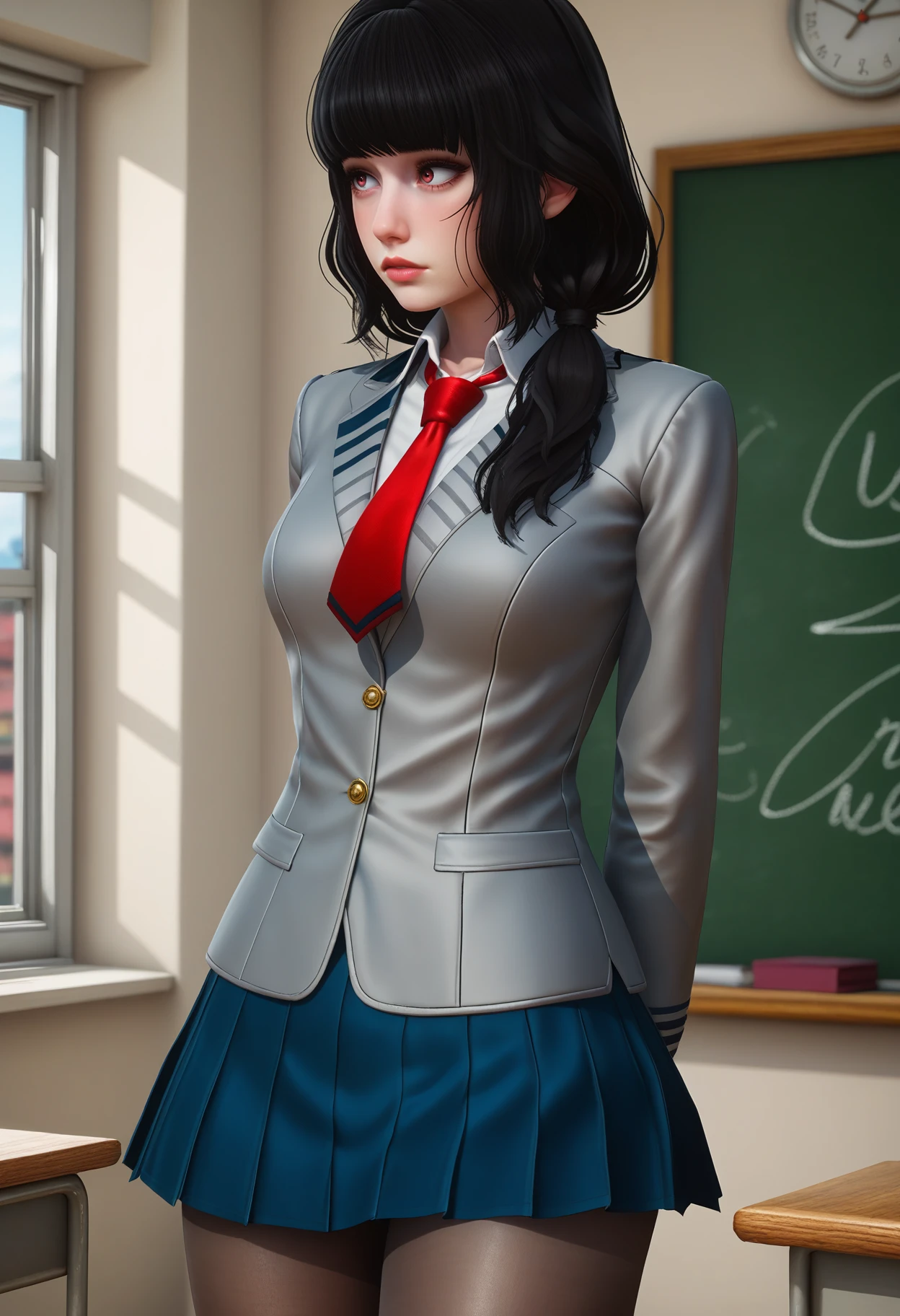 score_9, score_8_up, score_7_up,
1girl, solo, school uniform:grey jacket:blue skirt:black pantyhose, red necktie. low twintails.
indoors, chalkboard, window, standing, arms behind back, looking to the side, thighs, wide shot, depth of field, 
 <lora:Dark_Luna_Pony_v1.0:0.8> d4rklun4,