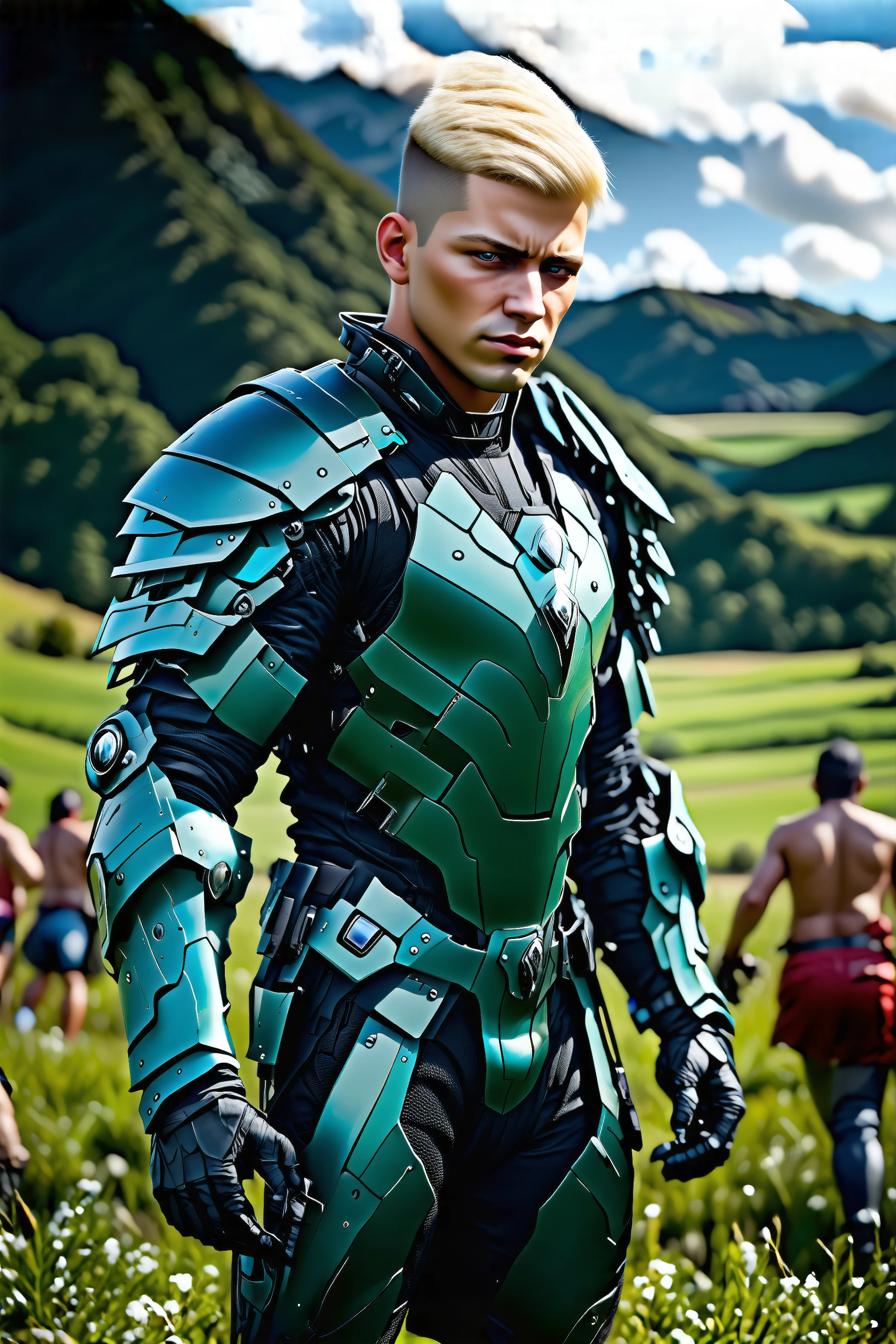 fLong shot, photorealistic 8k raw photography, (young man in Spearmint hdsrmr armor:1.3), very short hair, (platinum blonde drop fade:1.2), Intricate details, lanky physique, Enhanced reflection, Dynamic stance, Fiery aura, Insane color palette, Aerial Views of Farmlands background full of busy people, Shimmering reflections, Mysterious lighting, Intriguing setting