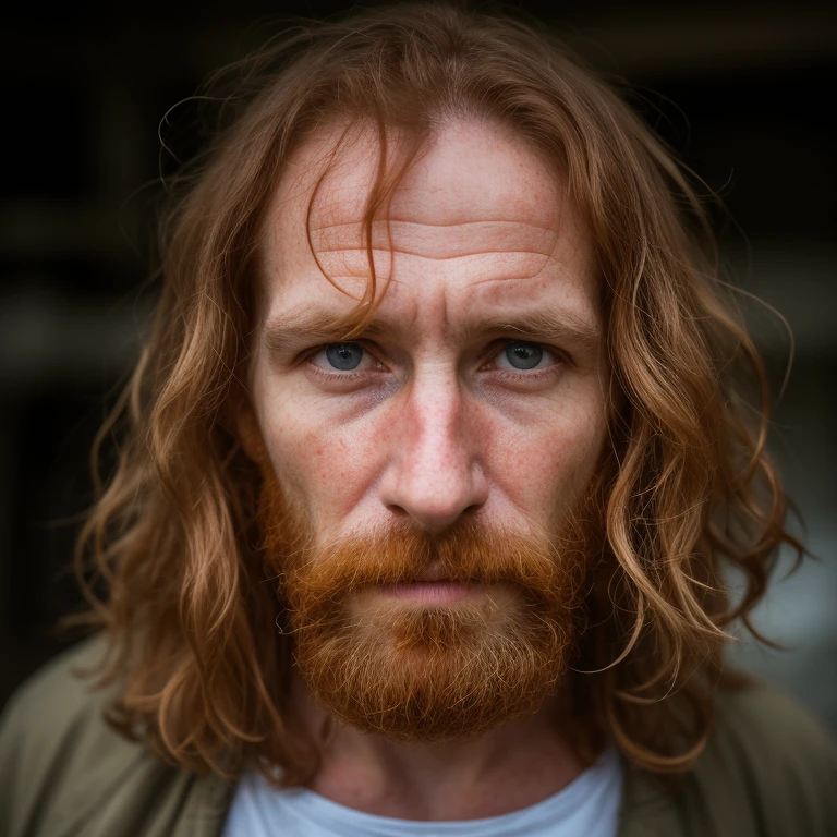 ultrarealistic photograph, male face, portrait photo, adult, gritty urban poverty, long matted (ginger hair), solo, remorseful eyes, natural environment, 32k UHD, volumetric lighting, absurdres, natural light and shadow, natural skin texture, photographer of the year