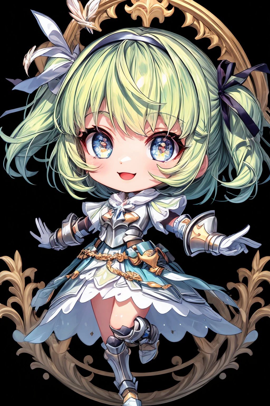 (masterpiece), best quality, expressive eyes, perfect face, serenitygc, looking at viewer, smile, short hair, simple background, gloves, dress, ribbon, full body, hair ribbon, hairband, white gloves, chibi, armor, symbol-shaped pupils, outstretched arms, black background, +_+, <lora:aed73851-33c3-4eaa-b327-d61ea36c5239:0.7>, <lora:more_details:0.7>