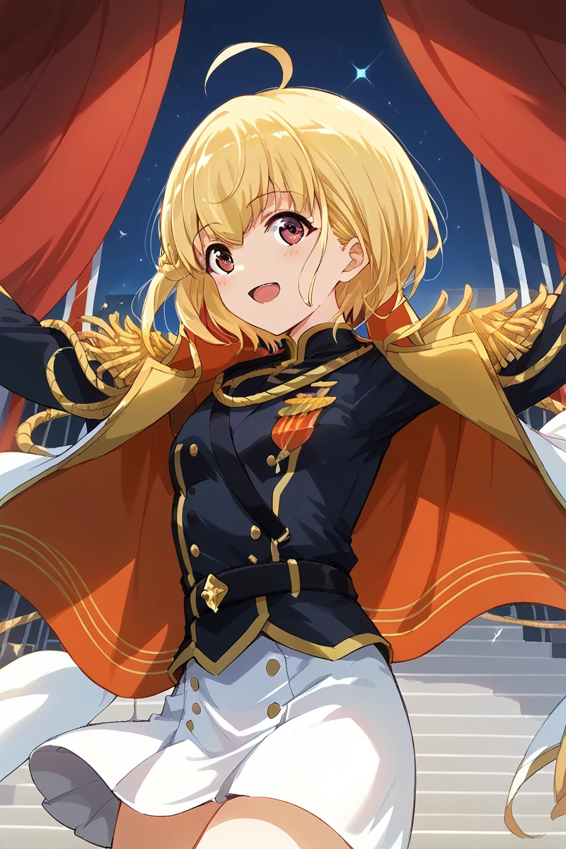 score_9, score_8_up, score_7_up, score_6_up, 1girl,
 <lora:Michiru_Otori:0.9> michiru, blonde hair, ahoge, epaulettes, jacket, white skirt, stage outfit, color lights, (red curtain), stage