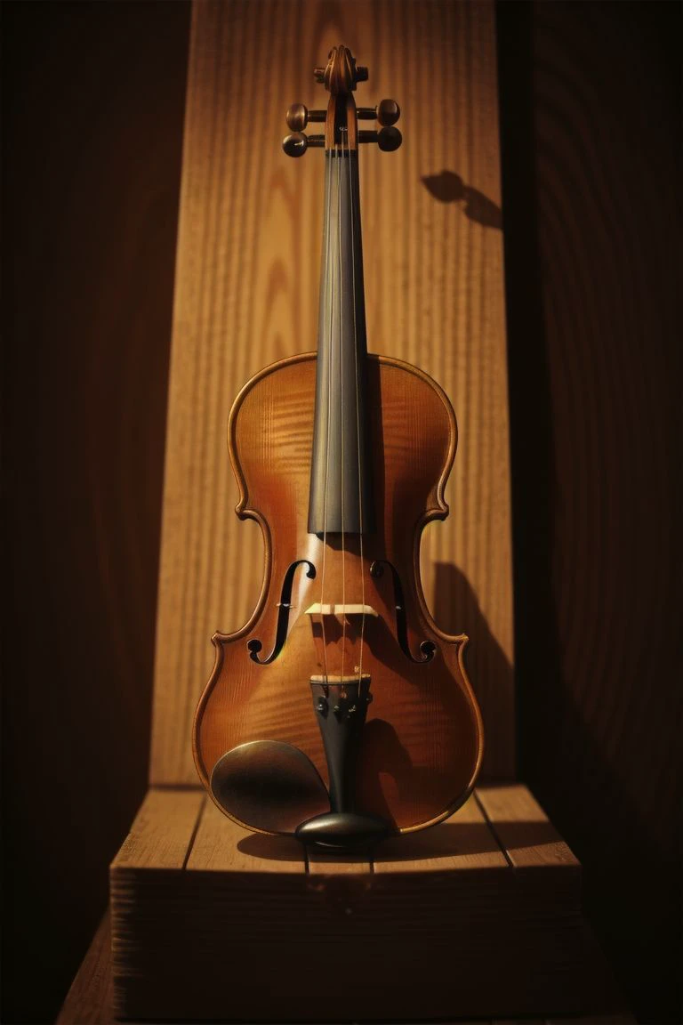an antique violin with polished wood grain, detailed textures, sitting on a stack of music sheets, antique, atmospheric, nostalgic, volumetric lighting,