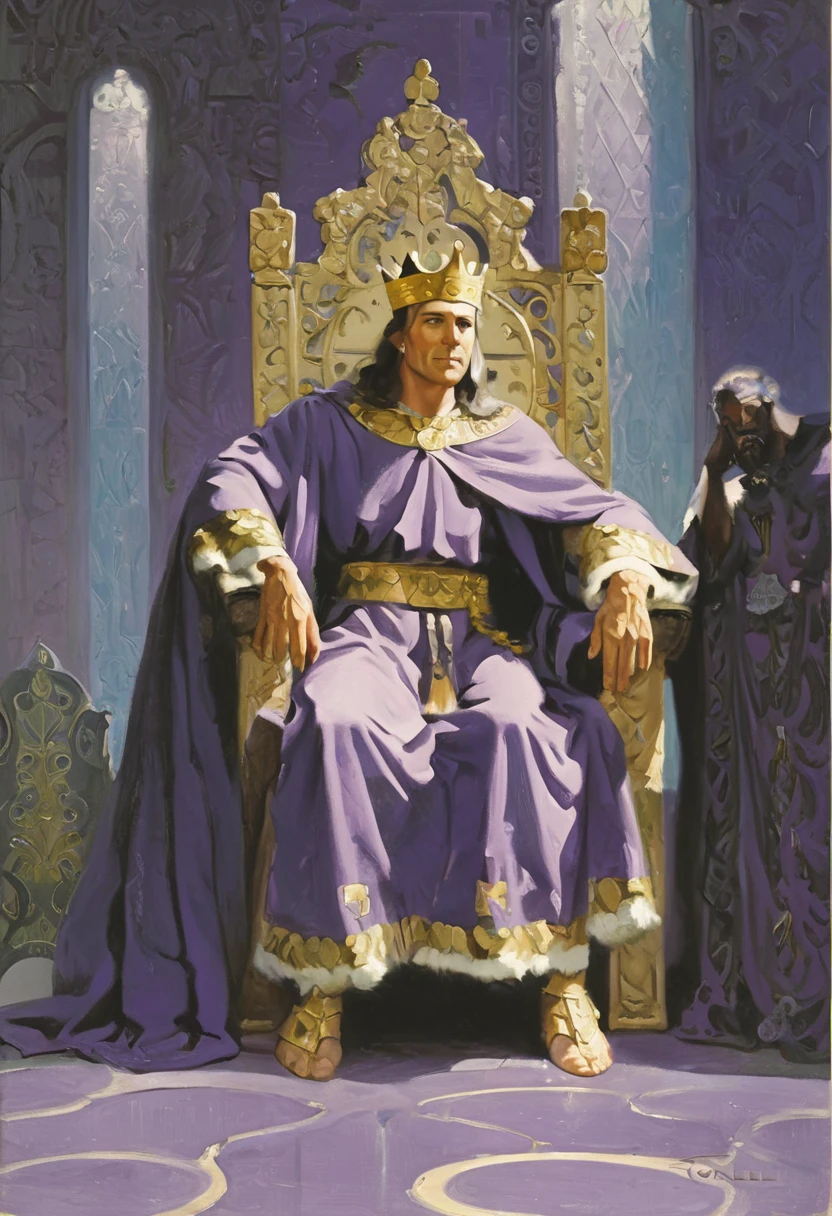 a painting, by Tom Lovell, a king sitting on his throne, purple robe, fantasy art