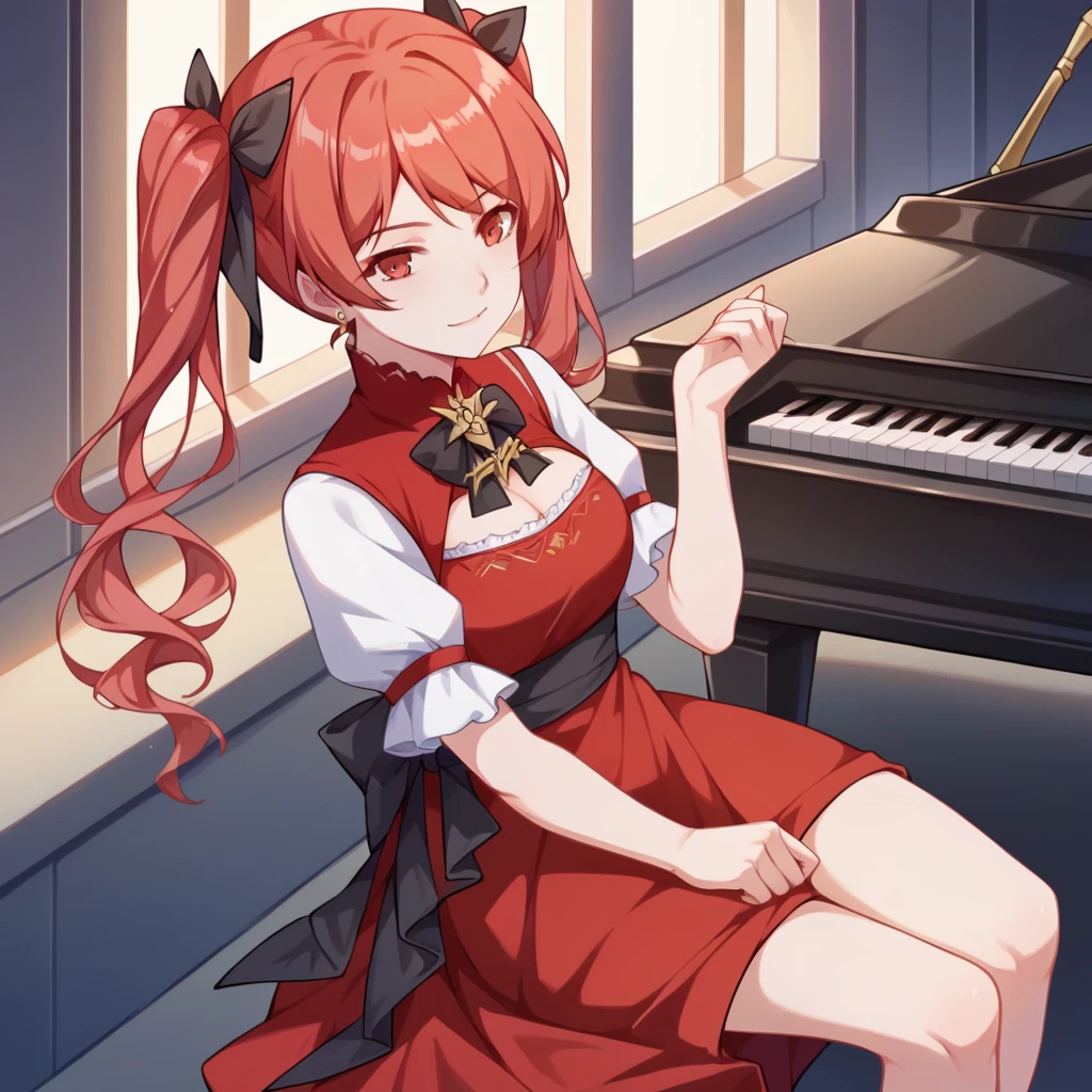 score_9_up, score_8_up, score_7_up, source_anime, masterpiece, best quality, 1girl, solo, Tesla, Tes_Dress, sitting on top of piano, from above, gentle smile, looking at you, black footwear, heels, twintails, red hair, red dress, cleavage cutout, white sleeves, puffy short sleeves, jewelry, earrings, red top, frills, black sash, red skirt, black bowtie, hair ribbon, black ribbon, mature body, dynamic cowboy shot, indoors, grand ball room background