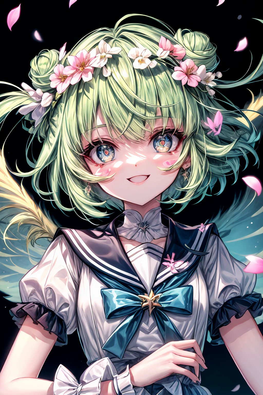 (masterpiece), best quality, expressive eyes, perfect face, serenitygc, looking at viewer, smile, short hair, hair ornament, dress, flower, short sleeves, wings, puffy sleeves, hair flower, sailor collar, hair bun, puffy short sleeves, wrist cuffs, petals, double bun, blush stickers, bug, cherry blossoms, butterfly, +_+, head wreath, <lora:aed73851-33c3-4eaa-b327-d61ea36c5239:0.7>, <lora:more_details:0.7>