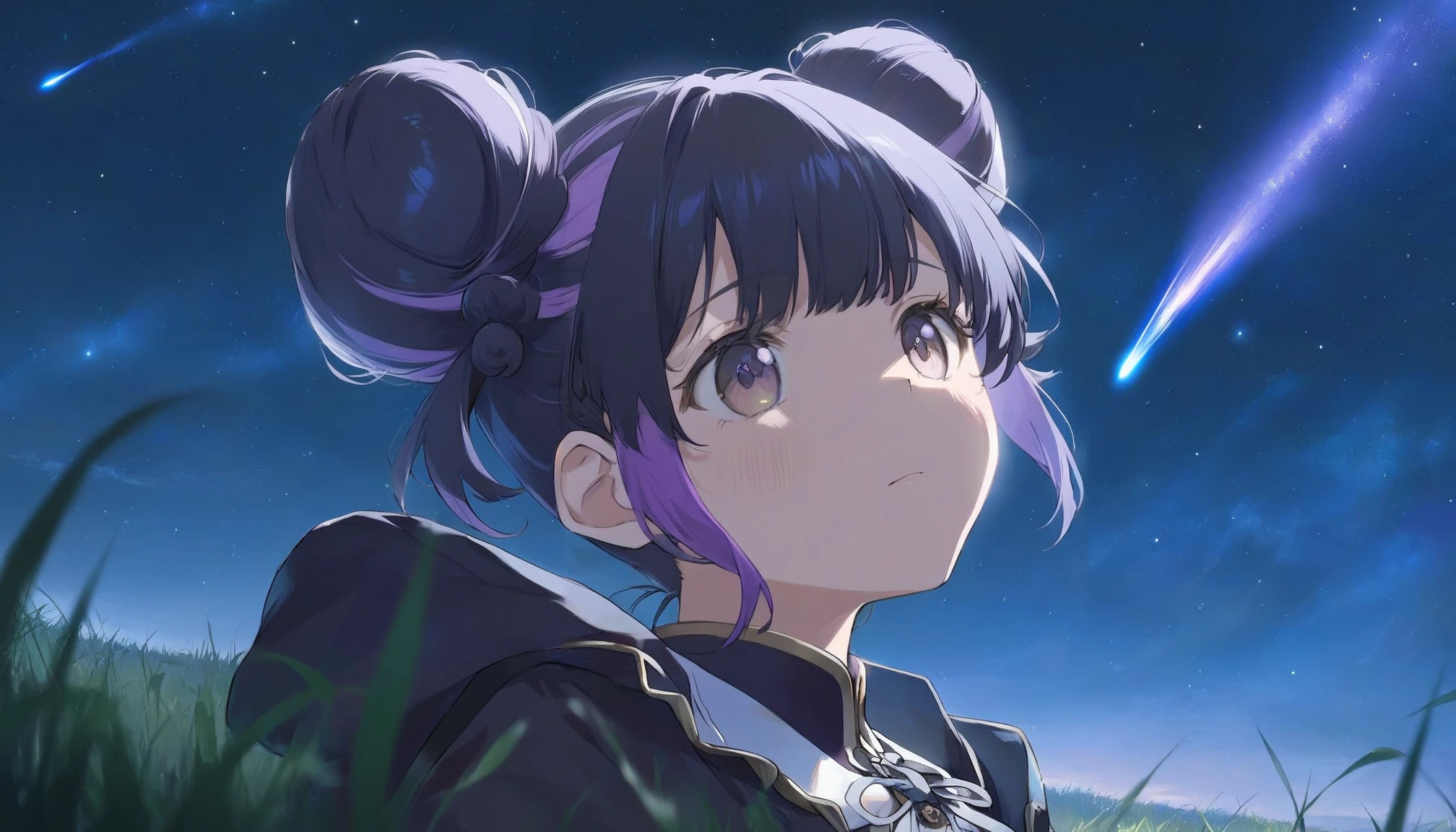 1girl, by makoto shinkai, Your Name, anime coloring, double buns,purple and black dual-toned hair, twin buns hairstyle, lay on grassland, looking at comets in night sky, amazing quality, intricate details,