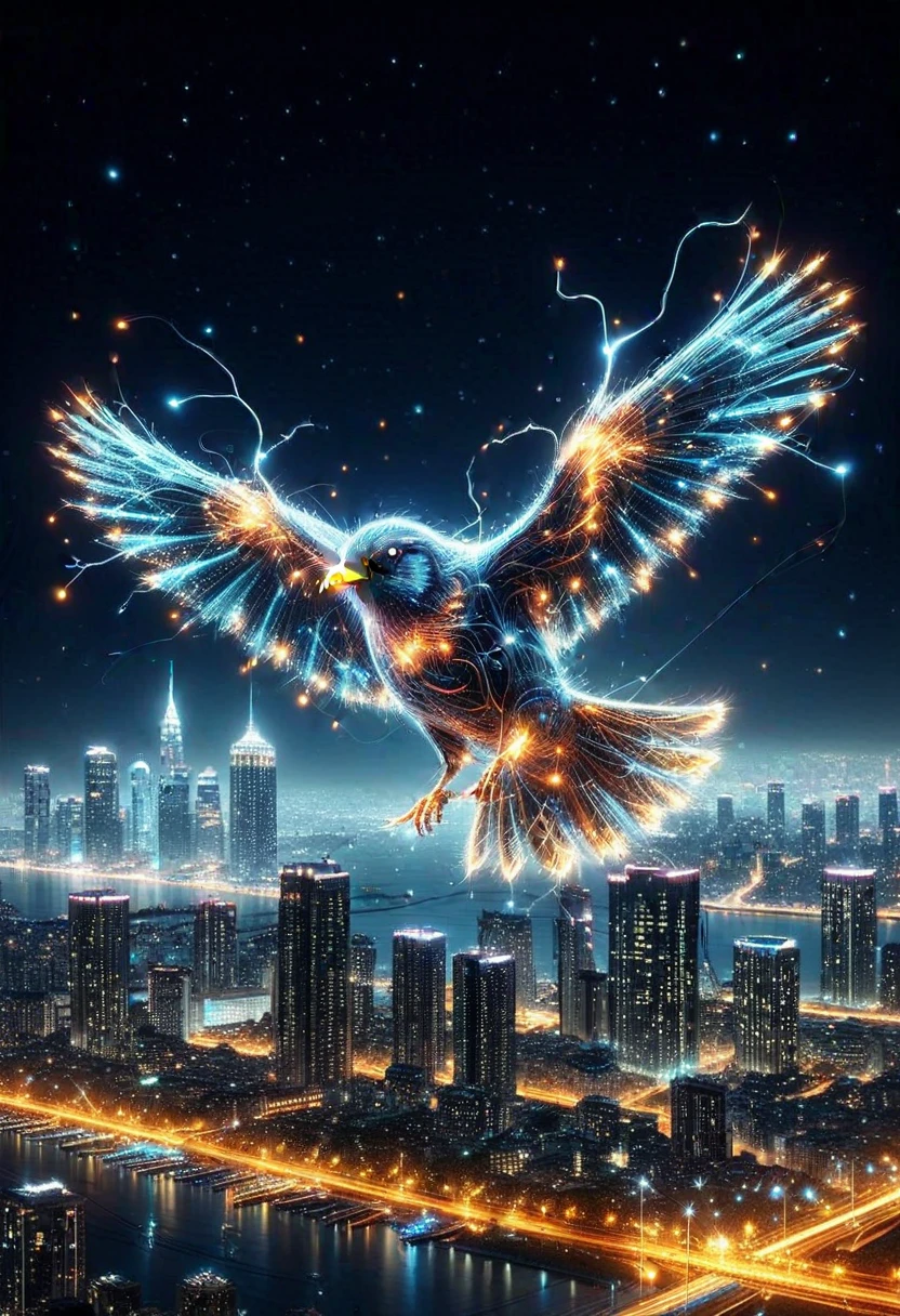 3N3RGY, bird made of electricity and sparkle, flying over the city at night, ,Masterpiece,best quality, photo, realistic, very aesthetic