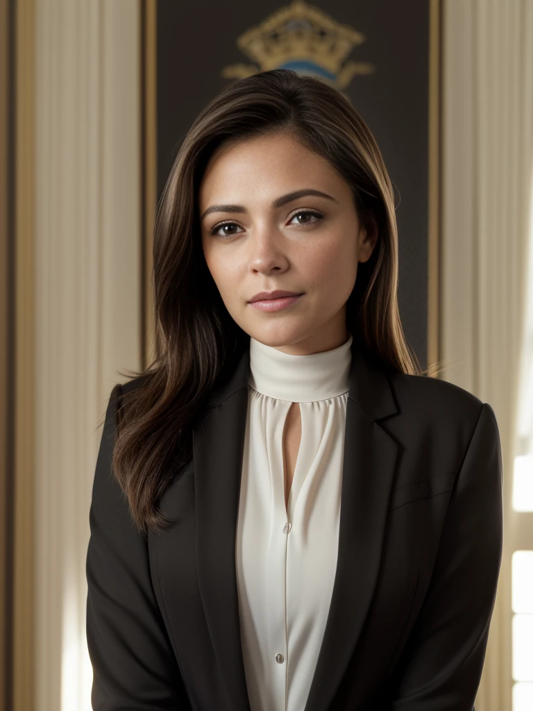 (RAW, analogue, Nikon Z 14mm ultra-wide angle lens, award-winning glamour photograph, ((best quality)), ((masterpiece)), ((realistic)), skin pores, subsurface scattering, radiant light rays, high-res, detailed facial features, high detail, sharp focus, smooth, aesthetic, extremely detailed, (extremely detailed eyes, extremely detailed iris), extremely detailed hair, extremely detailed skin, extremely detailed clothes, octane render, photorealistic, realistic, post-processing, max detail, realistic shadows, roughness, natural skin texture, real life, ultra-realistic, photorealism, photography, 8k UHD, photography, hdr, intricate, elegant, highly detailed, sharp focus, stunning, beautiful, gorgeous), (photorealistic), (realistic), it41i4 in a high neck blouse, (black blazer1.2), standing in front of a desk, full body, brown hair with blonde highlights, brown eyes, indoors, oval office, white house, windows, upper body, morning, bright, photorealistic, realistic, detailed eyes, intricate face, high contrast, <lora:Italia_Ricci_PMv1b_LoCon_768:1.3>