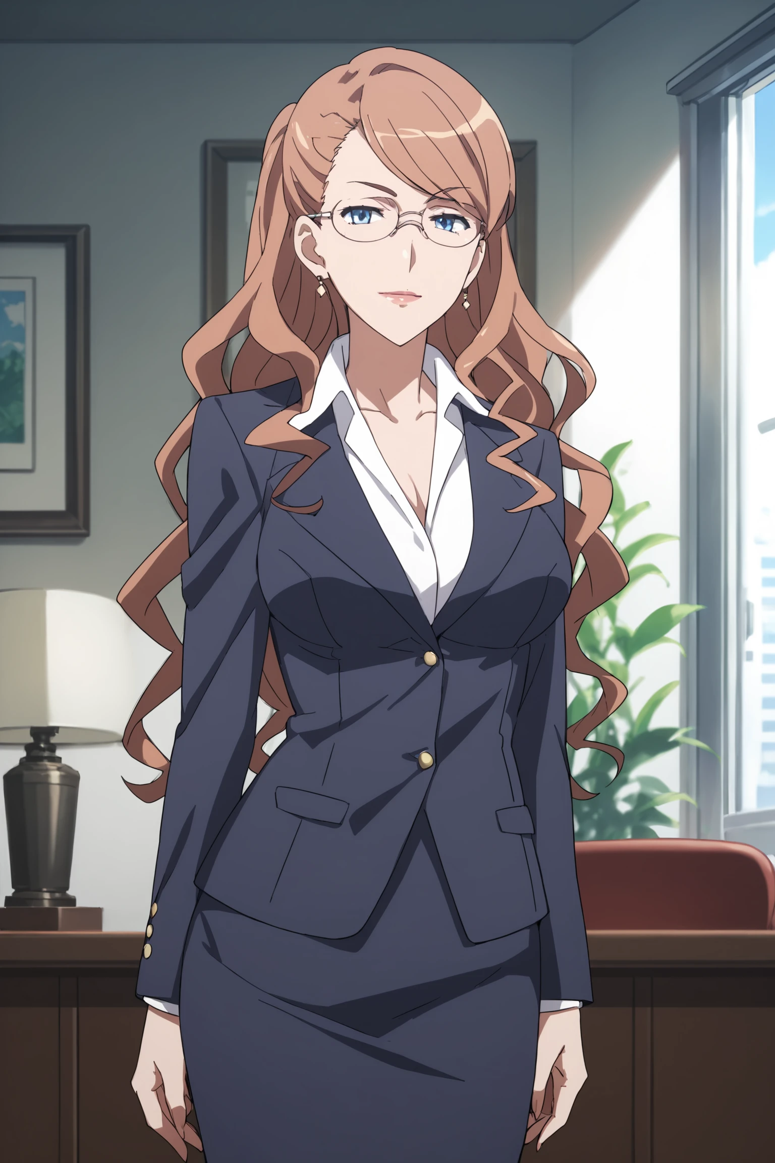 therestina kihara lifeline, brown hair, long hair, wavy hair, blue hair, glasses, thterestinasuit, suit, formal, white shirt, collared shirt, black jacket, black skirt, pencil skirt, brown pantyhose, high heels, <lora:Therestina_Kihara_Lifeline:0.8>, score_9, score_8_up, score_7_up, score_6_up, score_5_up, source_anime, rating_safe, medium breasts, indoors, office, 1girl, solo, looking at viewer,  <lora:age_slider_v4:3>, (upper body:1.2)