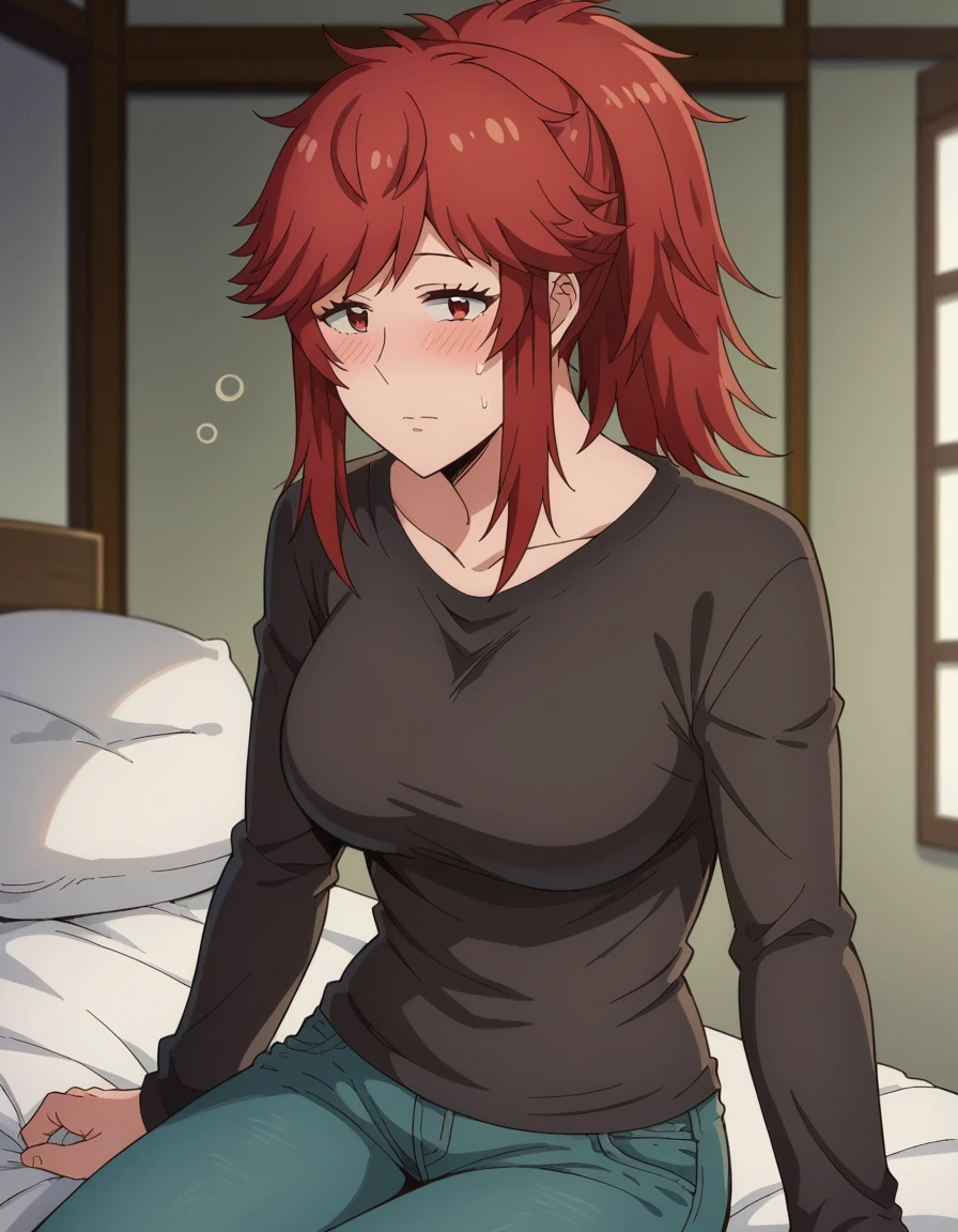 score_9, score_8_up, score_7_up, source_anime, <lora:akemi-aizawa-s1-ponyxl-lora-nochekaiser:1>, akemi aizawa, red eyes, red hair, medium hair, ponytail, large breasts,, shirt, long sleeves, collarbone, black shirt, pants, denim,, indoors, bed, bed room, on side, blush, drunk, looking at viewer, solo,, cowboy shot, dutch angle