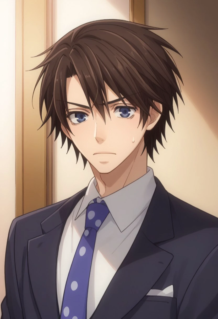 score_9, score_8_up, score_7_up, source_anime, highly detailed, 
chiaki, 1boy, male focus, formal, suit, necktie, solo, brown hair, sweatdrop, 
blue eyes,