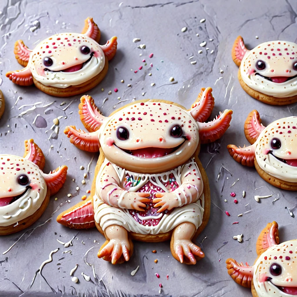 axomodelxl, cookie art, flat cookies with icing with simple cartoon cute axolotl face design,