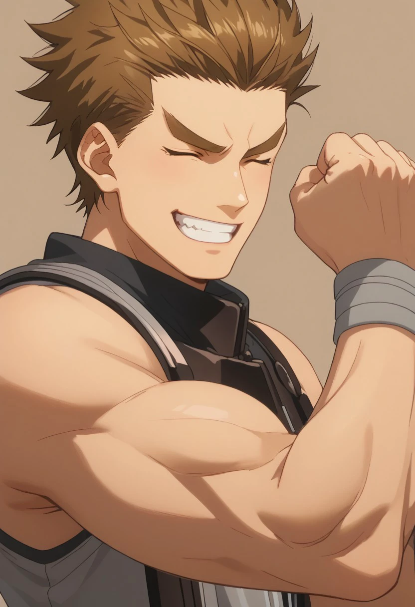 score_9, score_8_up, score_7_up, source_anime, rating_safe, 1hand, Dragofuri, 1boy, male focus, anime screencap, closed eyes, grey wristband, fist, wide smile, teeth, upper body, simple lightbrown background, happy,