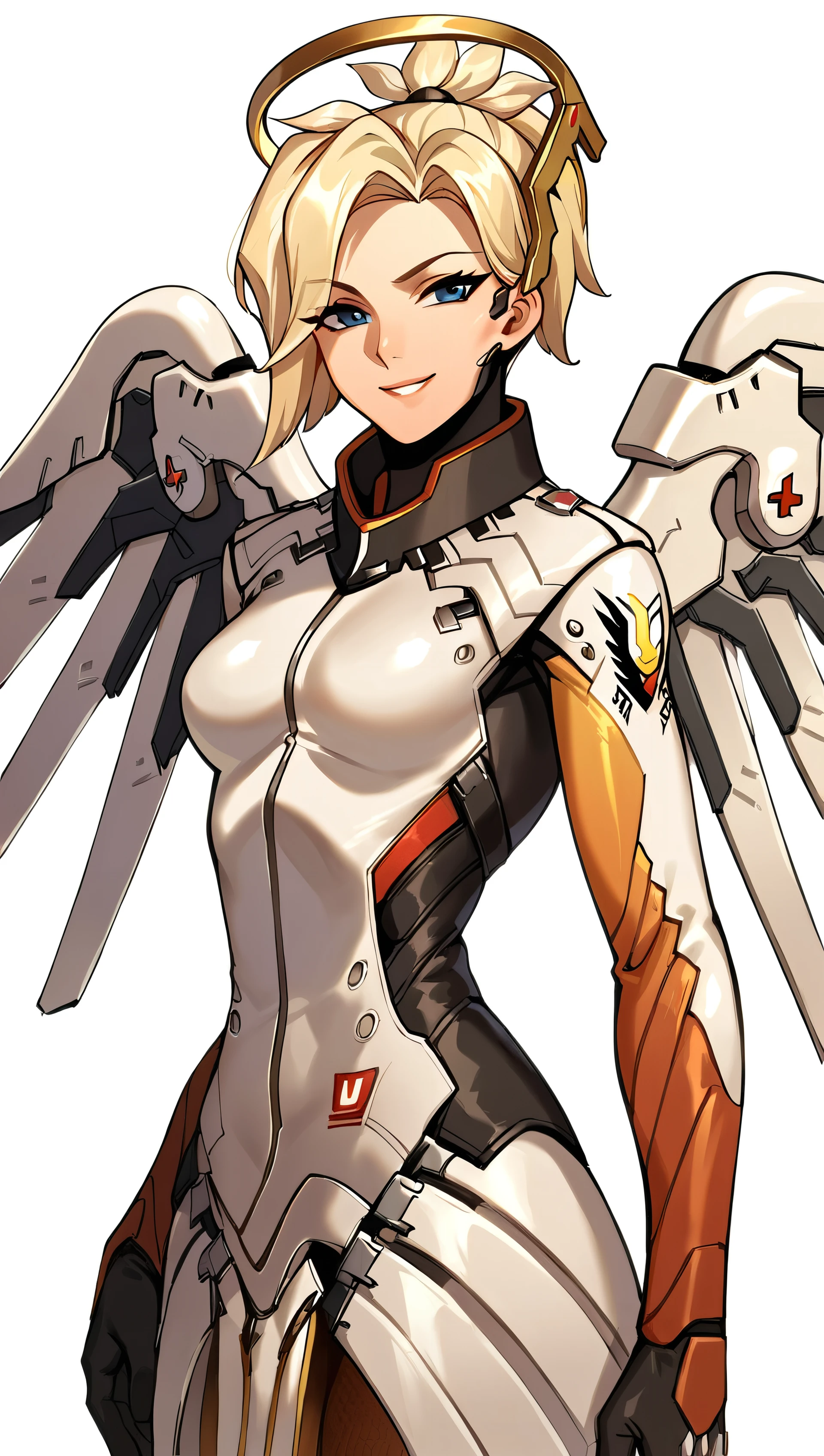 score_9, score_8_up, score_7_up, score_6_up, score_5_up, score_4_up, source_anime BREAK <lora:MercyPony:0.8> mercyk1ck1x, blonde hair, ponytail, bodysuit, mechanical wings, halo, seductive smile, simple background