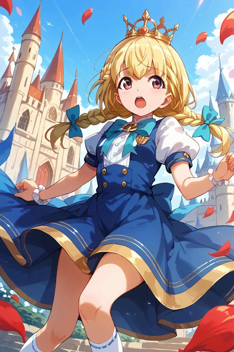 score_9, score_8_up, score_7_up, score_6_up, 1girl,
 <lora:Michiru_Otori:0.9> michiru, blonde hair, braid, solo, twin braids, petals, blue dress, castle, crown, puffy short sleeves, open mouth, bow, puffy sleeves, socks, short sleeves