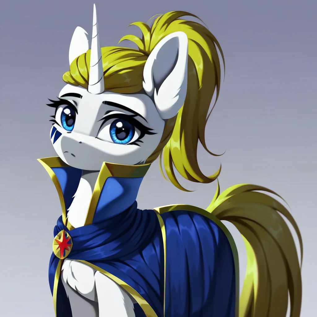 masterpiece, score_9, score_8_up, score_7_up, (best quality:1.1), ultra-detailed, high resolution, solo, 1character, Honoria Goldmane, unicorn, pony, feral, mare, white skin, fluffy pony ears, horn, yellow mane, tail, ponytail, feral, female, mare, (((beautiful detailed blue eyes)), blue cape, 2black Isosceles triangles on the cheek, looking at you, long eyelashes, Highly Visible, (((8k))), leader portrait, from Equestria at War, sharp focus, perfect lighting, shiny, detailed outfit, anatomically correct, extremely detailed, shine on body, high detail, cute, Expressiveh, simple background