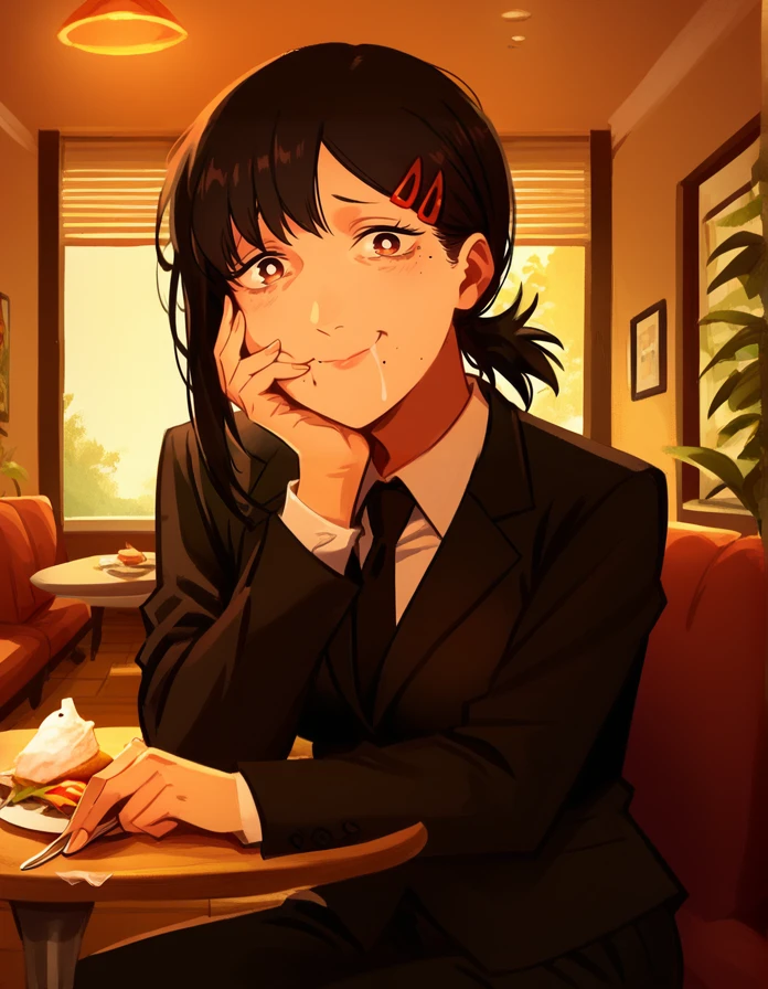 score_9, score_8_up, score_7_up, detailed background, realistic lighting, background: restaurant,
detailed eyes, mature female,fit and slim,(1 girl), closed mouth, sitting, food on table, food in hand, table, icecream, saliva drip,
<lora:Tasty-000006:0.9>,tasty food, happy, hand on face,
<lora:kobeni-higashiyama-ponyxl-lora-nochekaiser:0.8>, kobeni higashiyama, black hair, hair ornament, hairclip, mole, mole under eye, ponytail, short hair, brown eyes, black necktie, black pants, business suit, formal, long sleeves, necktie, pants, suit,
<lora:khyle:0.7> khlye