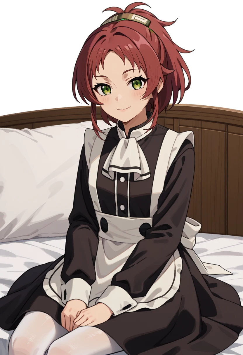 score_9,
<lora:MushokuTensei_AishaGreyratXL:0.8>, AishaGreyrat,
1girl, solo, smile,
red hair, green eyes, ponytail, hair ornament,
maid, black dress, maid apron, ascot, long sleeves, white pantyhose, 
looking at viewer, sitting, bed,
simple background, white background