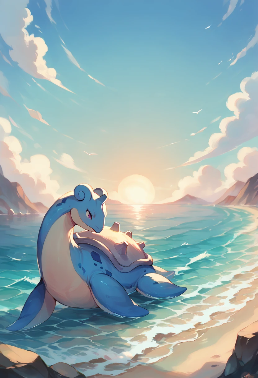 score_9, score_8_up, score_7_up, score_6_up, source_furry, solo, blurred background, dof,  full-length portrait,  <lora:POKEMON_LAPRAS:1> lapras, pokemon (creature), water, cinematic, beautiful scenery in background, ocean