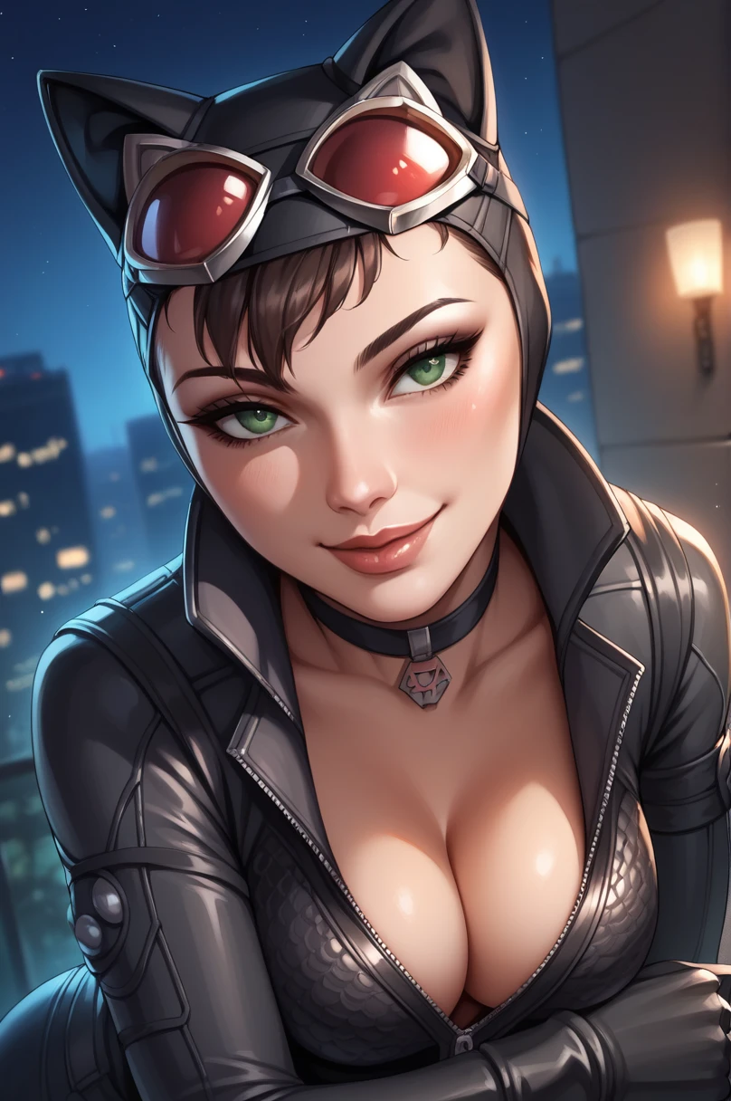 score_9, score_8_up, score_7_up, score_6_up, source_anime, BREAK masterpiece,<lora:ArkhamCity_-_Catwoman:0.9>, CatArkhamCity,helmet, googles on headwear, cat ears,  bodysuit,  cleavage, choker, seductive smile, night, rooftops, breasts, gloves, close-up,  green eyes, lying, on side,