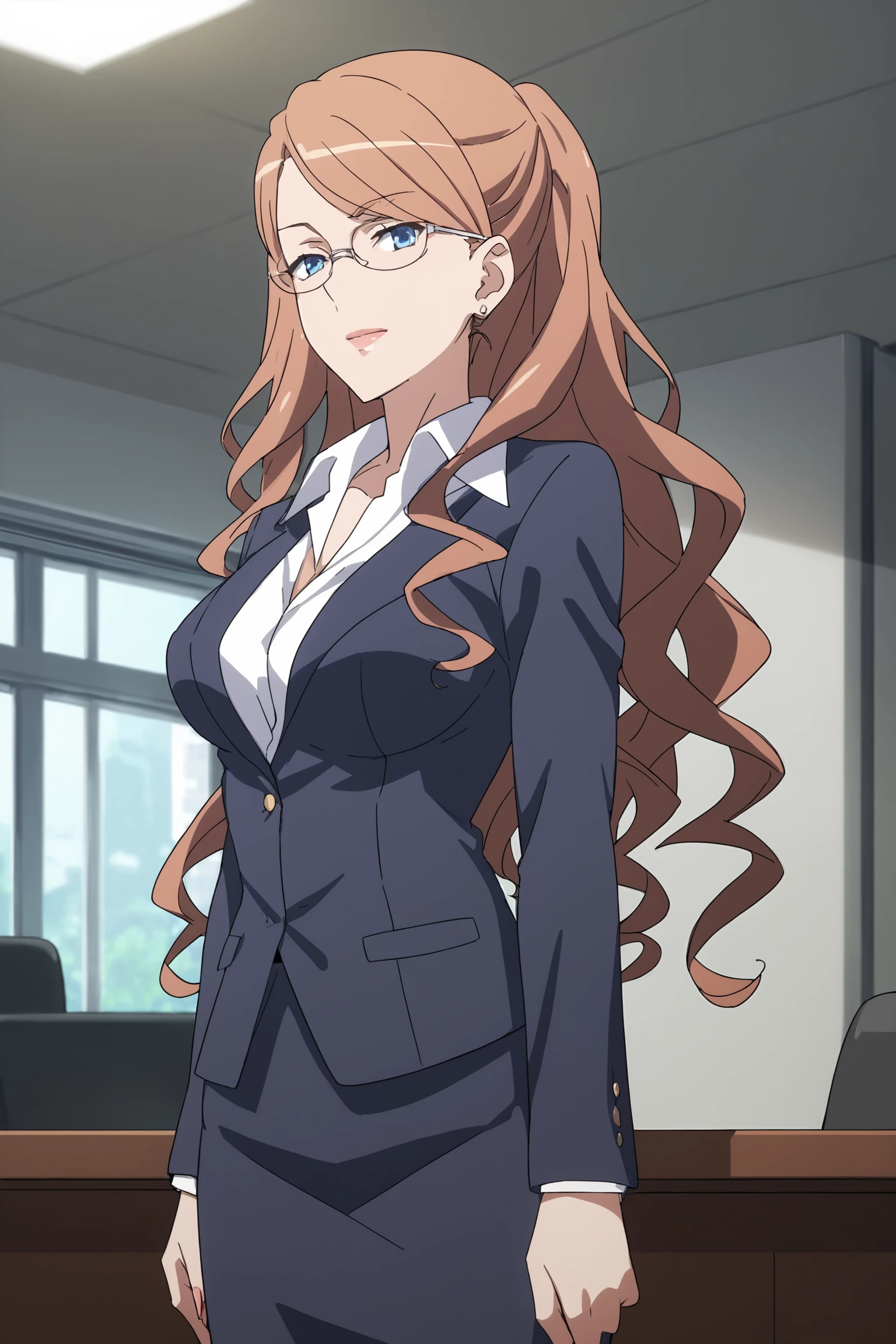 therestina kihara lifeline, brown hair, long hair, wavy hair, blue hair, glasses, thterestinasuit, suit, formal, white shirt, collared shirt, black jacket, black skirt, pencil skirt, brown pantyhose, high heels, <lora:Therestina_Kihara_Lifeline:0.8>, score_9, score_8_up, score_7_up, score_6_up, score_5_up, source_anime, rating_safe, medium breasts, indoors, office, 1girl, solo, looking at viewer,  <lora:age_slider_v4:3>, (upper body:1.2)