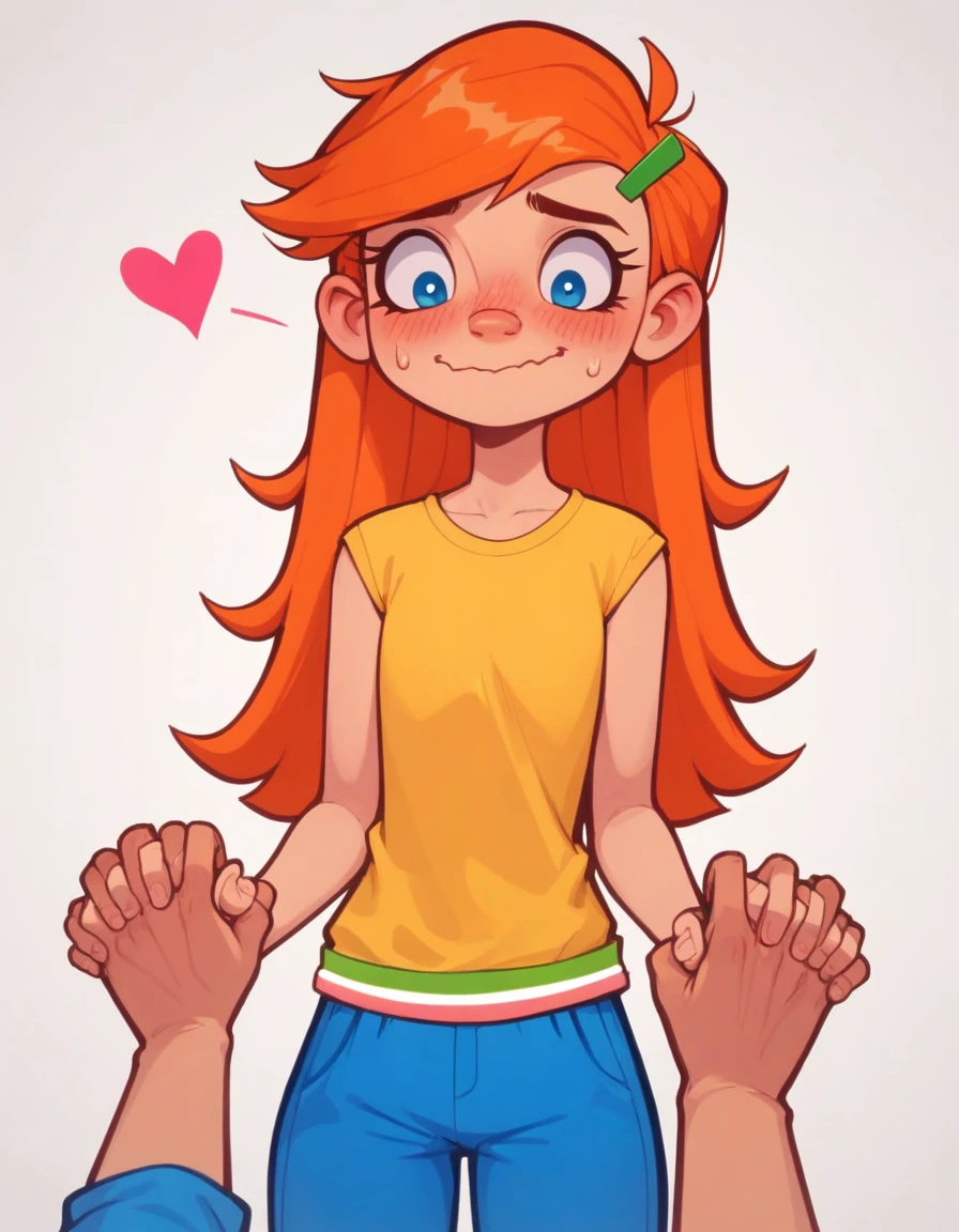 embedding:zPDXL2, rating_safe, source_cartoon, score_9, score_8_up, score_7_up

white background, simple background, 1girl, solo, flat chest, li, pov hand, holding hands, looking down, embarrassed, blush, sweatdrop, wavy mouth, smile, heart,

ril3y, orange hair, long hair, green hairclip, blue eyes, yellow shirt, blue pants