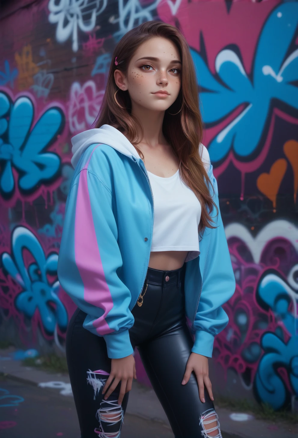 score_9, score_8_up, score_7_up, score_6_up, score_5_up, score_9, score_8_up, score_7_up, score_6_up, score_5_up, 1woman, soft freckles, long hair, brown hair, graffiti street style, dolleijpony02 <lora:DolleijPONY02-000003:0.7>