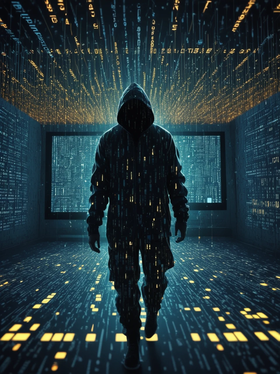 person ascending through computer world falling apart into binary code, binary demo scene fusion, super quality, glowing, fragmented icons, urbanpunk, energy-filled illustration