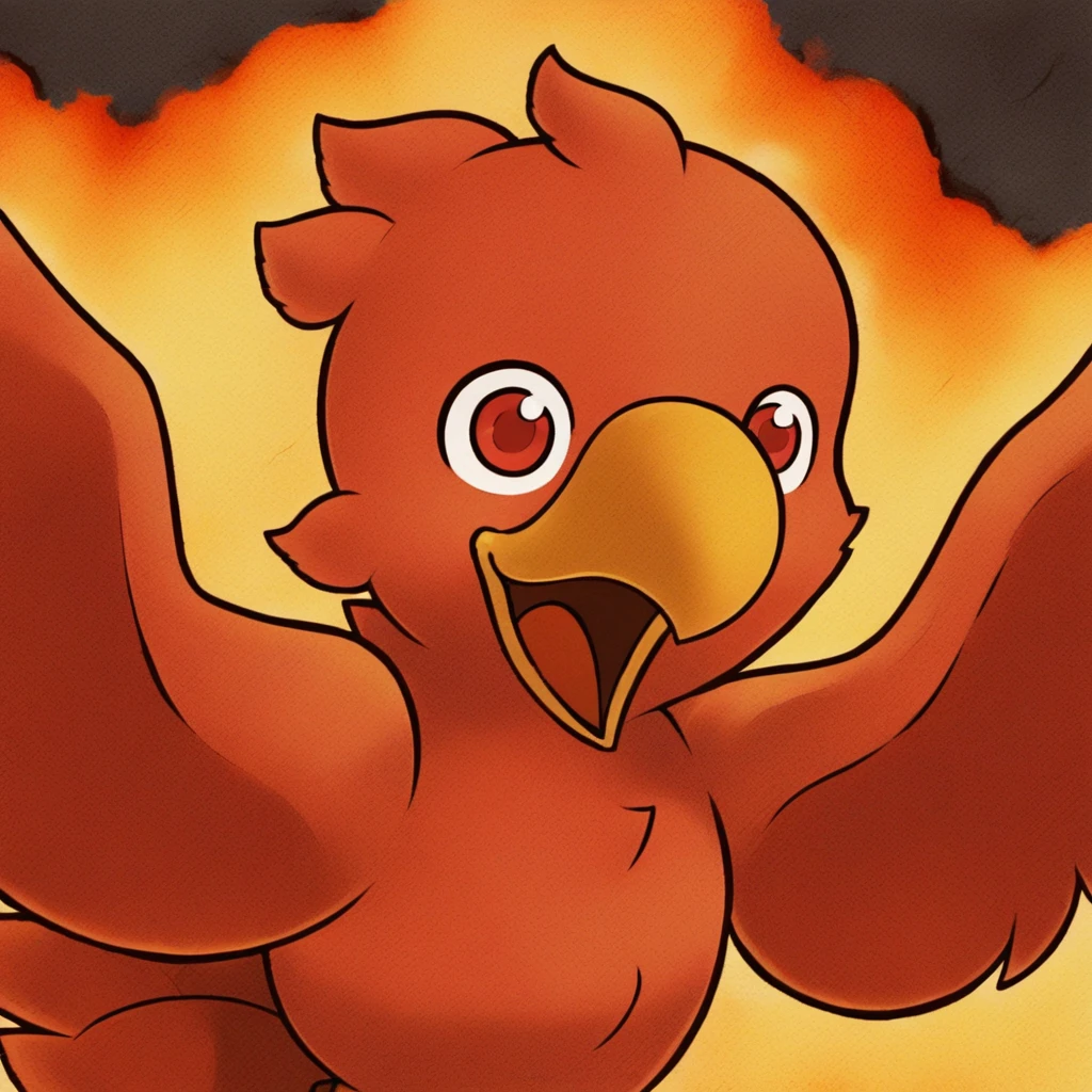 ch0c0b0, red feathers, orange beak, red eyes, red wings, red tailfeathers, bird feet, white talons, red bird tail, upper body, laughing, open mouth, smile, volcano background, meteors, fire, dark, smoke