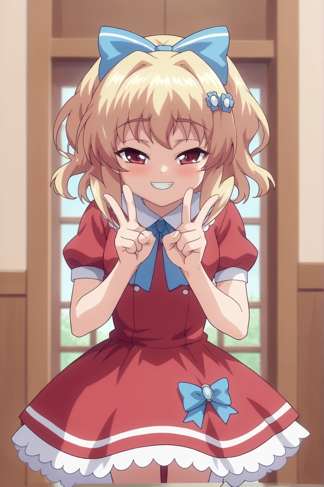 score_9, score_8_up, score_7_up,anime_source, source_anime, best background, detailed background, anime screencap,  Koharu, 1girl, bow,  dress, hair bow, red dress, ribbon, short sleeves, solo, victory fingers, victory pose, naughty face, blush,    indoors,   <lora:Koharu_Nanase:0.8>