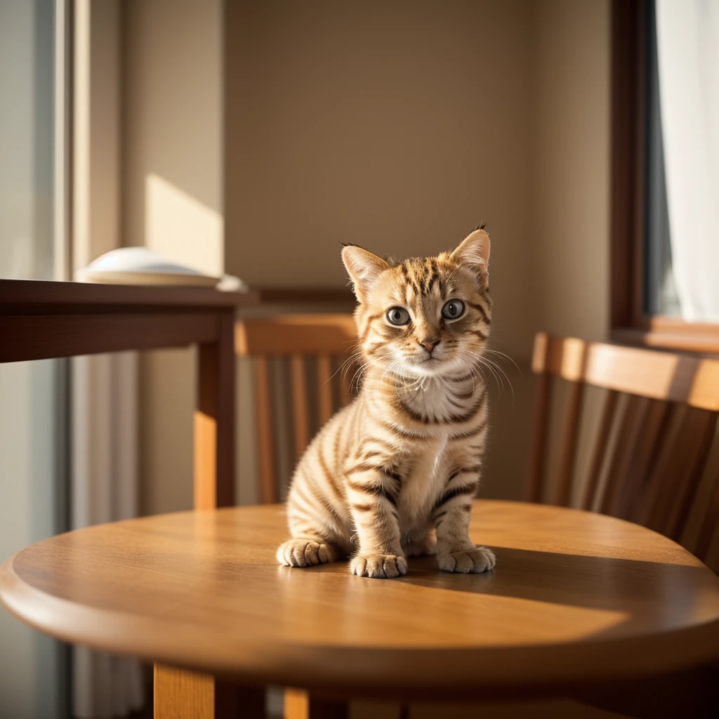 a baby (garfield) sitting at a table, ultrarealistic photo, 32k UHD, natural light and shadows, open window, volumetric lighting, slight atmospheric dust, subject focus, feline gaze, depth of field, taken with a Canon EOS digital camera