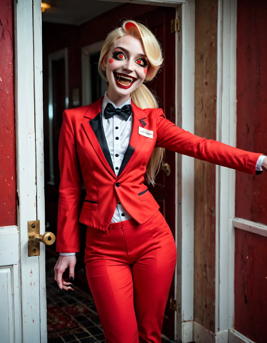 score_9, score_8_up, score_7_up, 4k, photo realistic, true to life, highly detailed. solo. 1girl, charlie, red suit, yellow Scalera, red eyes, charlie name tag, bow tie, blonde hair, standing in front of large hotel door, ponytail, pale white skin tone, black fingernails, big smile fangs, mouth open, welcoming, arm stretched out, inviting, looking at viewer, black claws, full body shot, hooves, red pants, red skies outside windows, abandoned hotel, creepy vibe, red and black architecture, decrepit, run down
