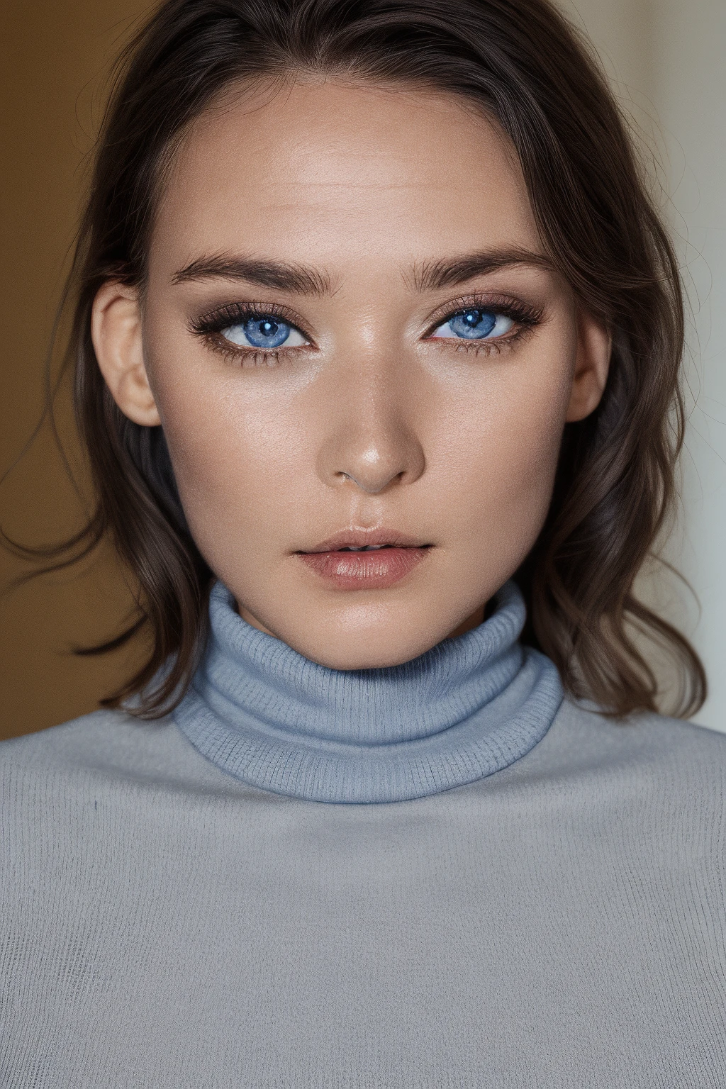 mndngwmn, (blue eyes: 0.2)turtleneck sweater, , (ultra realistic, 8k,high quality), natural lighting, (wearing makeup:1.1),