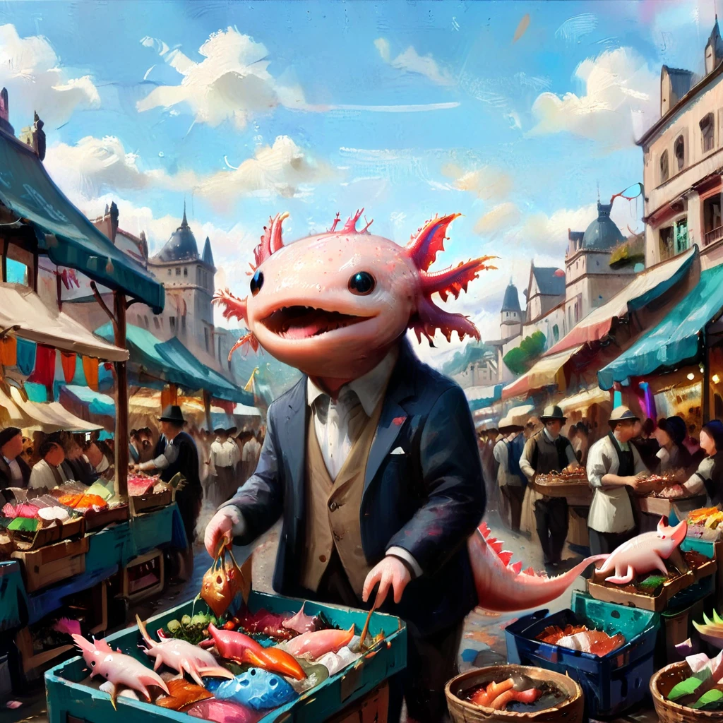 axomodelxl, axolotl in a bustling market, haggling with vendors, colorful stalls and crowds