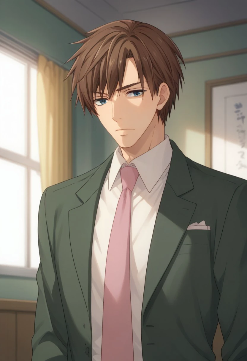 score_9, score_8_up, score_7_up, source_anime, highly detailed, 
hatori, 1boy, male focus, solo, necktie, brown hair, blue eyes. formal, suit, indoors, collared shirt, shirt, green jacket, pink necktie, white shirt,