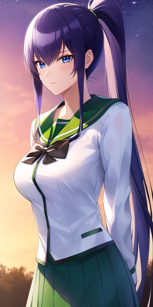 <lora:SaekoV1:0.7> busujima_saeko, large_breasts, standing, solo, arms_behind_back, starry_sky,  white_shirt_long_sleeves_green_sailor_collar_black_bowtie_green_plaid_skirt_serafuku, ponytail, masterpiece, best_quality, detailed_face, detailed_eyes, highres, beautiful, detailed, absurdres,