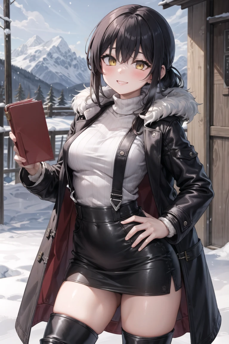 (masterpiece, best quality, beautiful and aesthetic:1.2), 1girl, solo,(soft skin:1.1),standing, cowboy shot,(detailed background), outside, snowstorm in the ice mountains, at dawn, winter clothes, (long overall coat:1.3), turtleneck sweater, (miniskirt:1.3), (long fur leggings:1.3),  (long leather boots:1.3), charming pose, seductive, smiling, yellow eyes, black hair, pony tail, 
<lora:greembang-10:0.5:lbw=ALL>