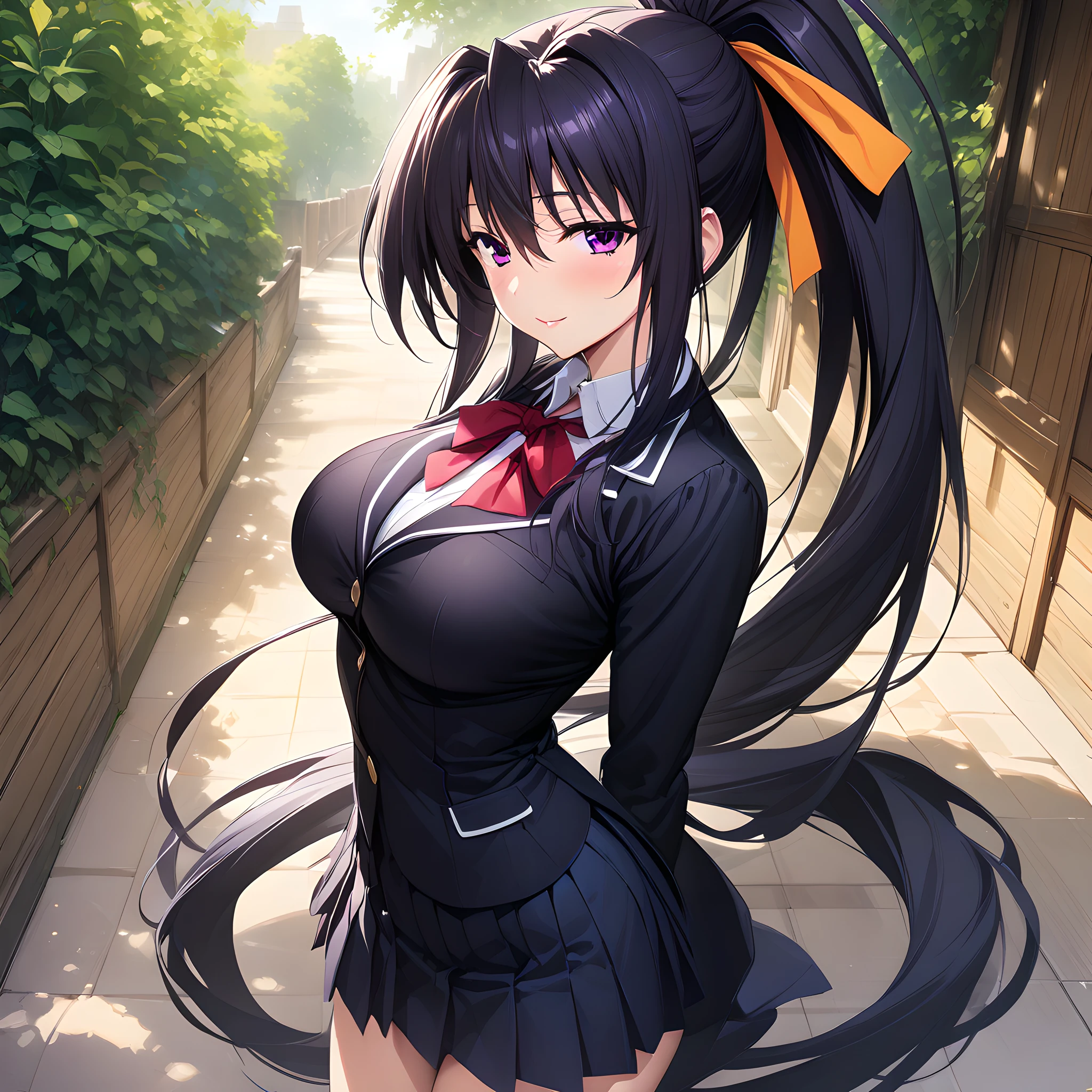 (masterpiece),(best quality),(ultra-detailed),(best illustration),(best shadow),(absurdres),(detailed background),(very aesthetic),  akeno_himejima, 1girl, long hair, solo, breasts, school uniform, skirt, very long hair, (large breasts:1.1), black hair, purple eyes, ponytail, ribbon, hair ribbon, looking at viewer, cowboy shot, seductive smile, <lora:Akeno_Himejima:1>