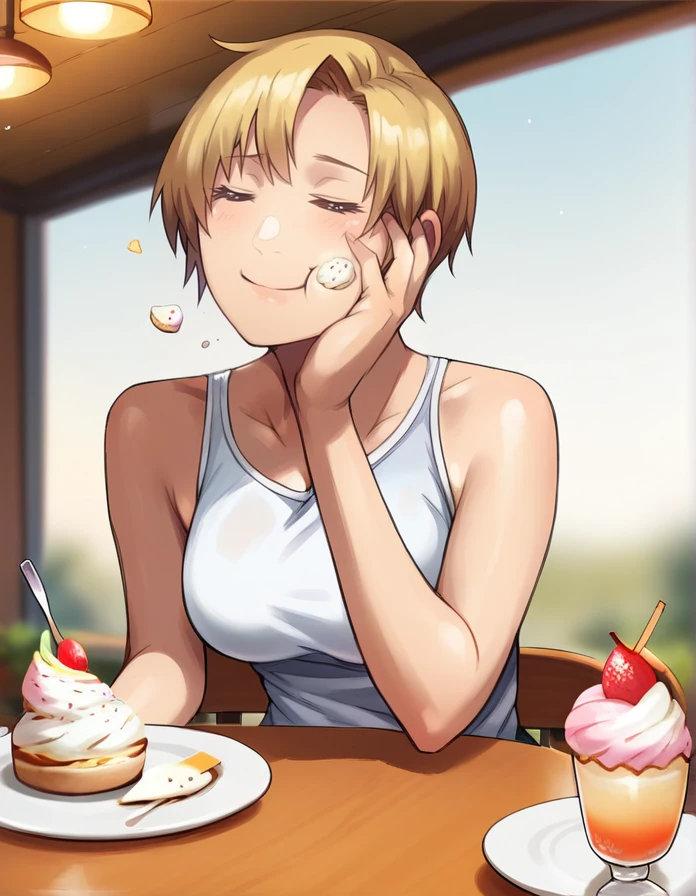 score_9, score_8_up, score_7_up,   detailed background,  realistic lighting, white background,
detailed eyes, mature female,fit and slim,(1 girl), closed mouth, sitting, food on table, food in hand, table, icecream, 
<lora:Tasty-000006:1>,tasty food,  happy, hand on face,   
 <lora:Lvi-PonyXL-1024px:1>, short blonde hair, tanlies, tanktop,