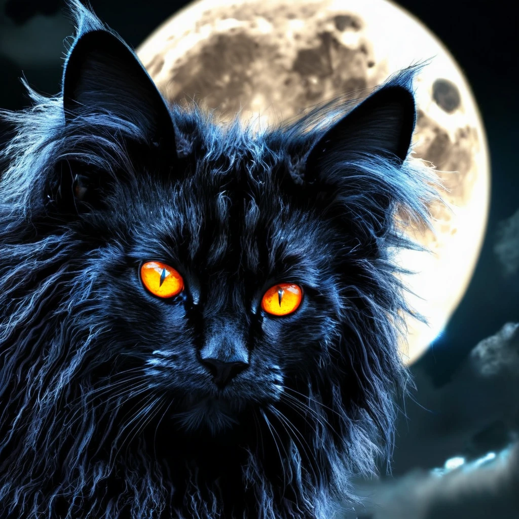 black fluffy gorgeous dangerous cat animal creature, large orange eyes, big fluffy ears, piercing gaze, full moon, dark ambiance, best quality, extremely detailed